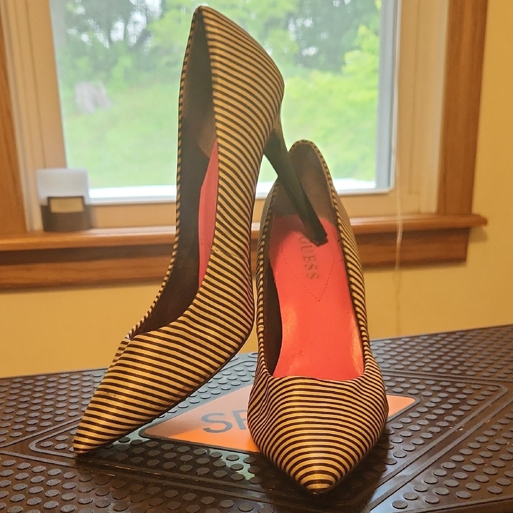 Guess Black and White Striped 4 Inch Heels with Pointed Toe